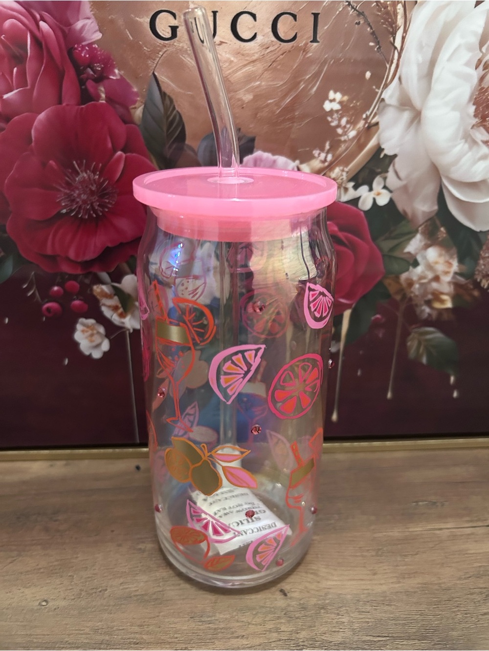 Pink Citrus Glass Tumbler with Straw - Picture 5 of 5